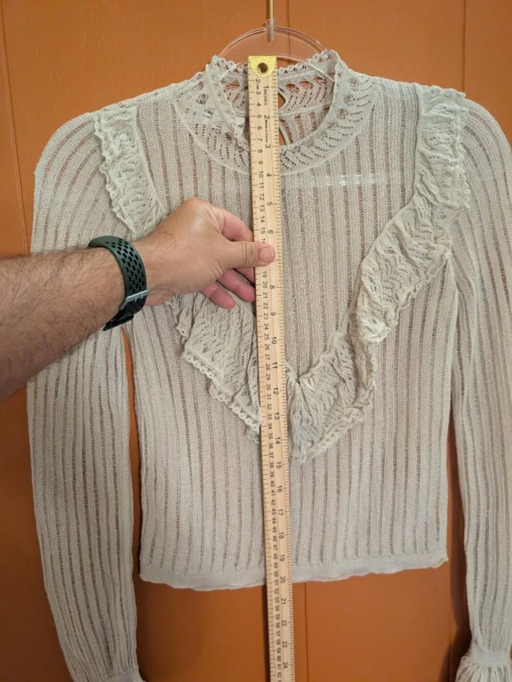 ANTHROPOLOGIE Ivory Sheer Knit Ruffle Blouse S Victorian Romantic Poet Sleeve